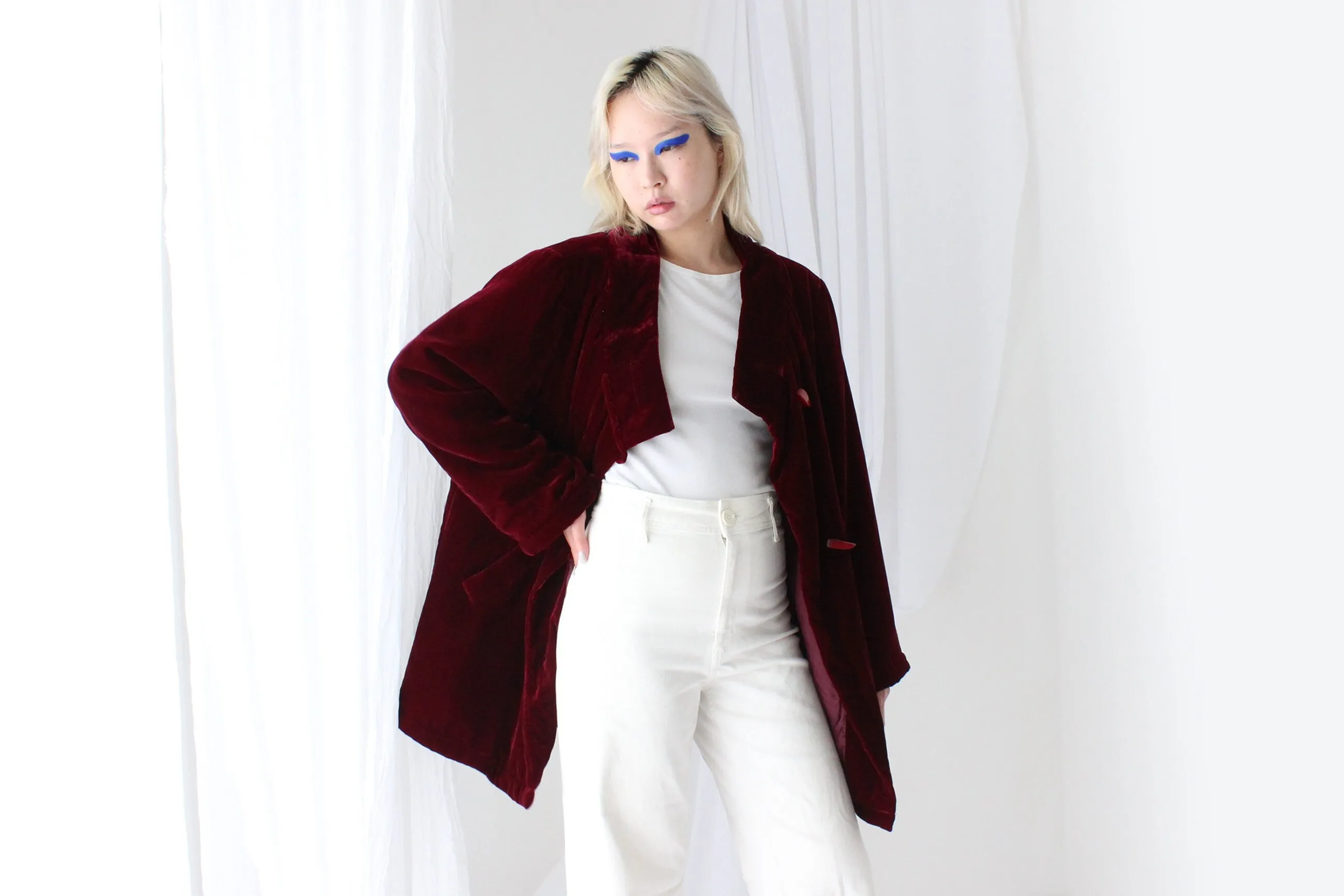 80s PURE SILK VELVET Quilted Kimono Coat in Merlot