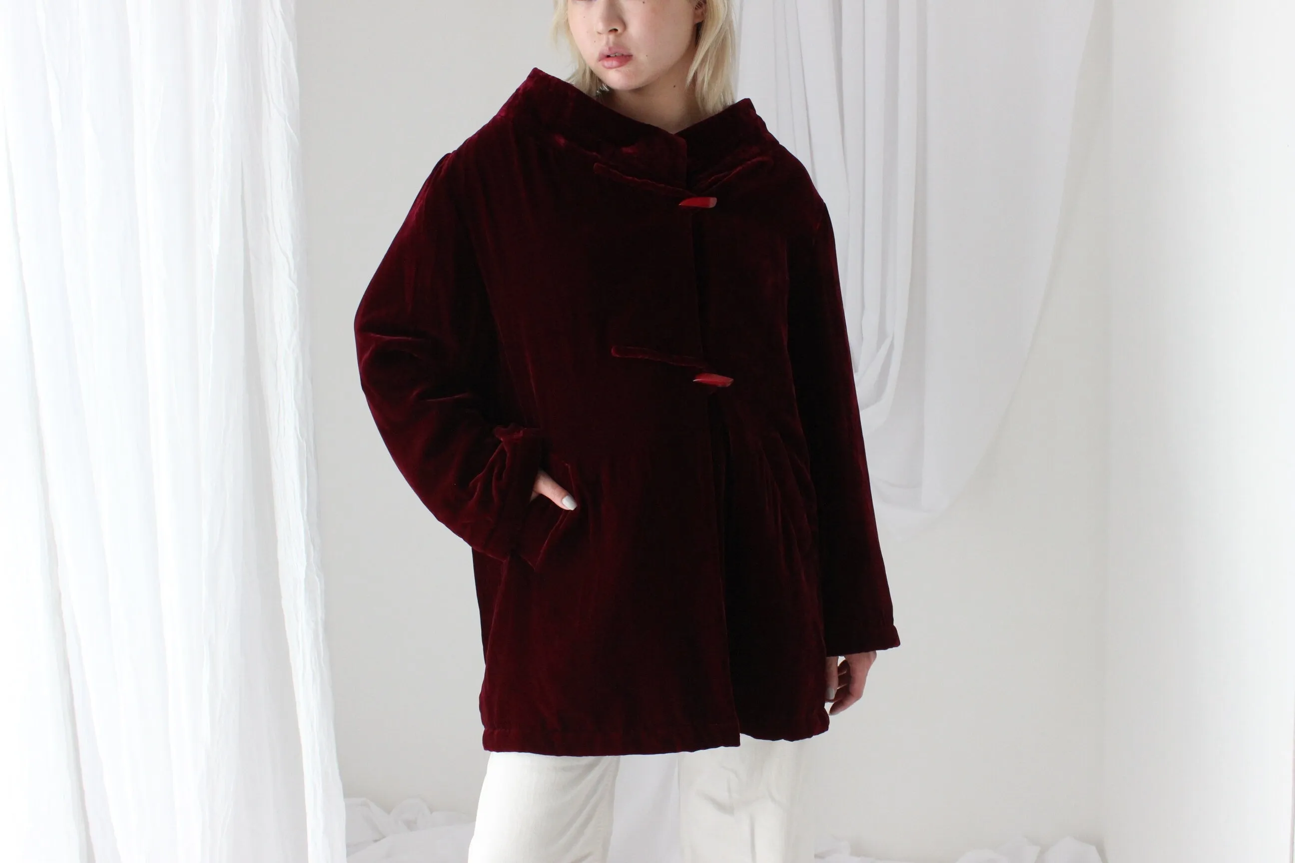 80s PURE SILK VELVET Quilted Kimono Coat in Merlot