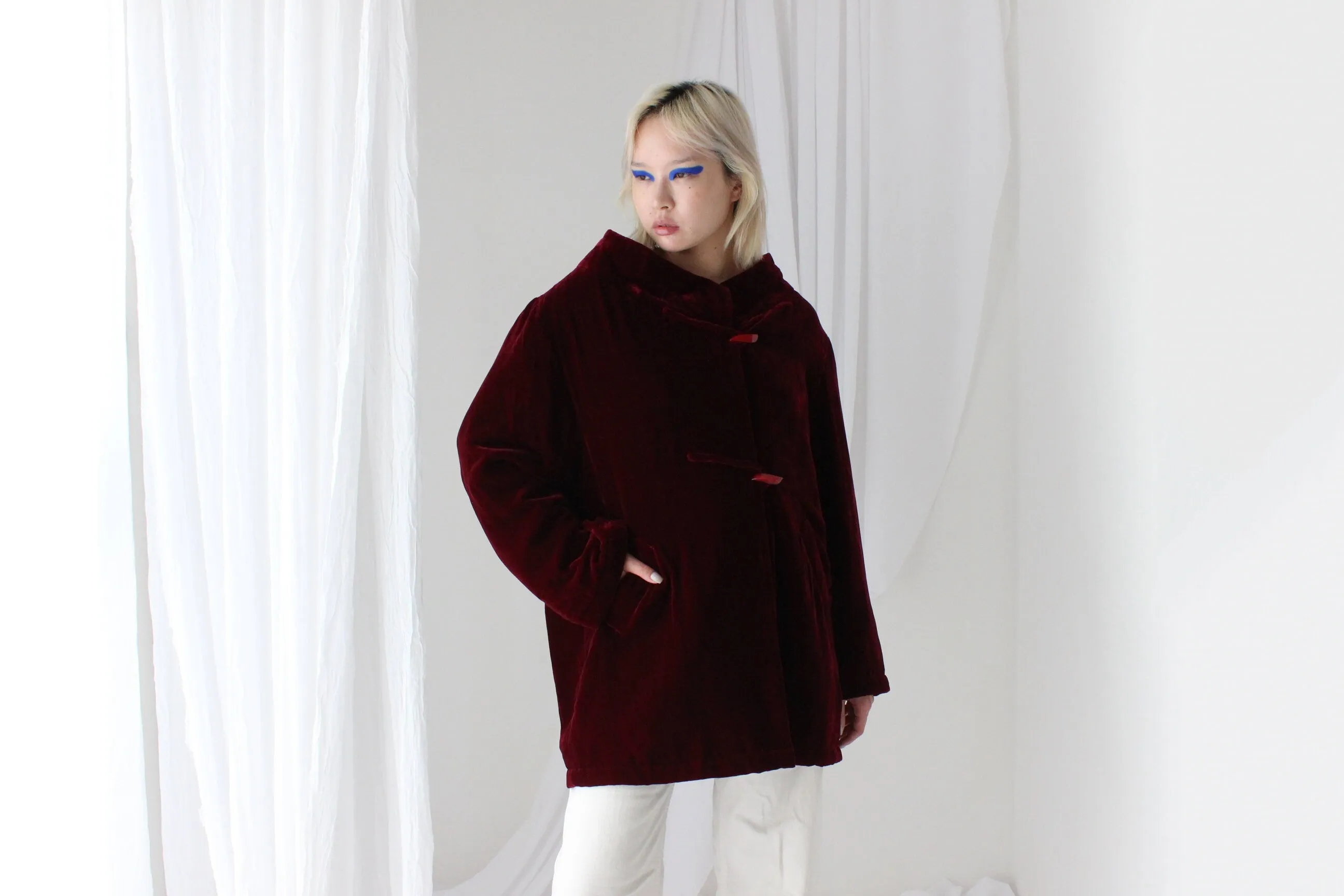 80s PURE SILK VELVET Quilted Kimono Coat in Merlot