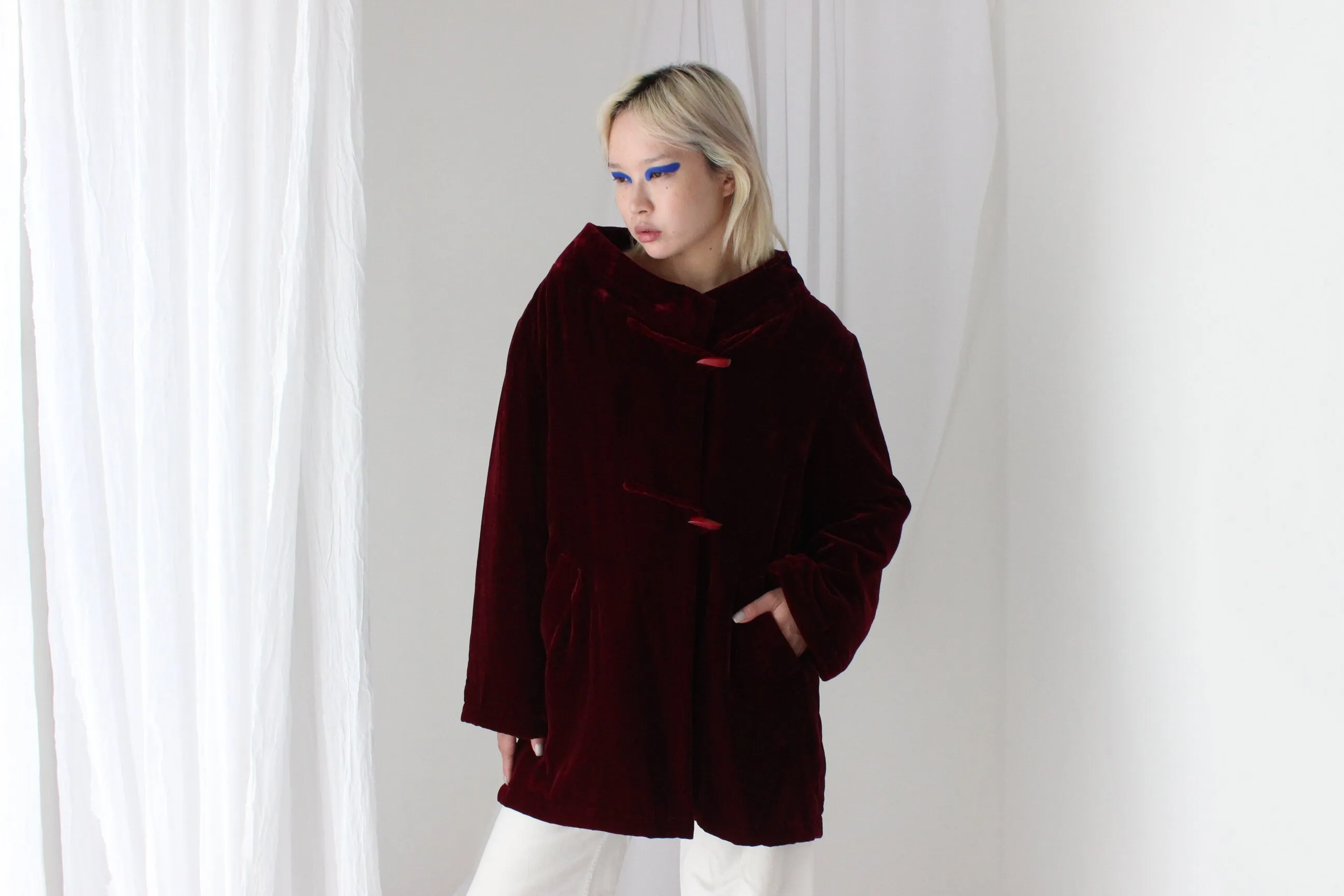 80s PURE SILK VELVET Quilted Kimono Coat in Merlot