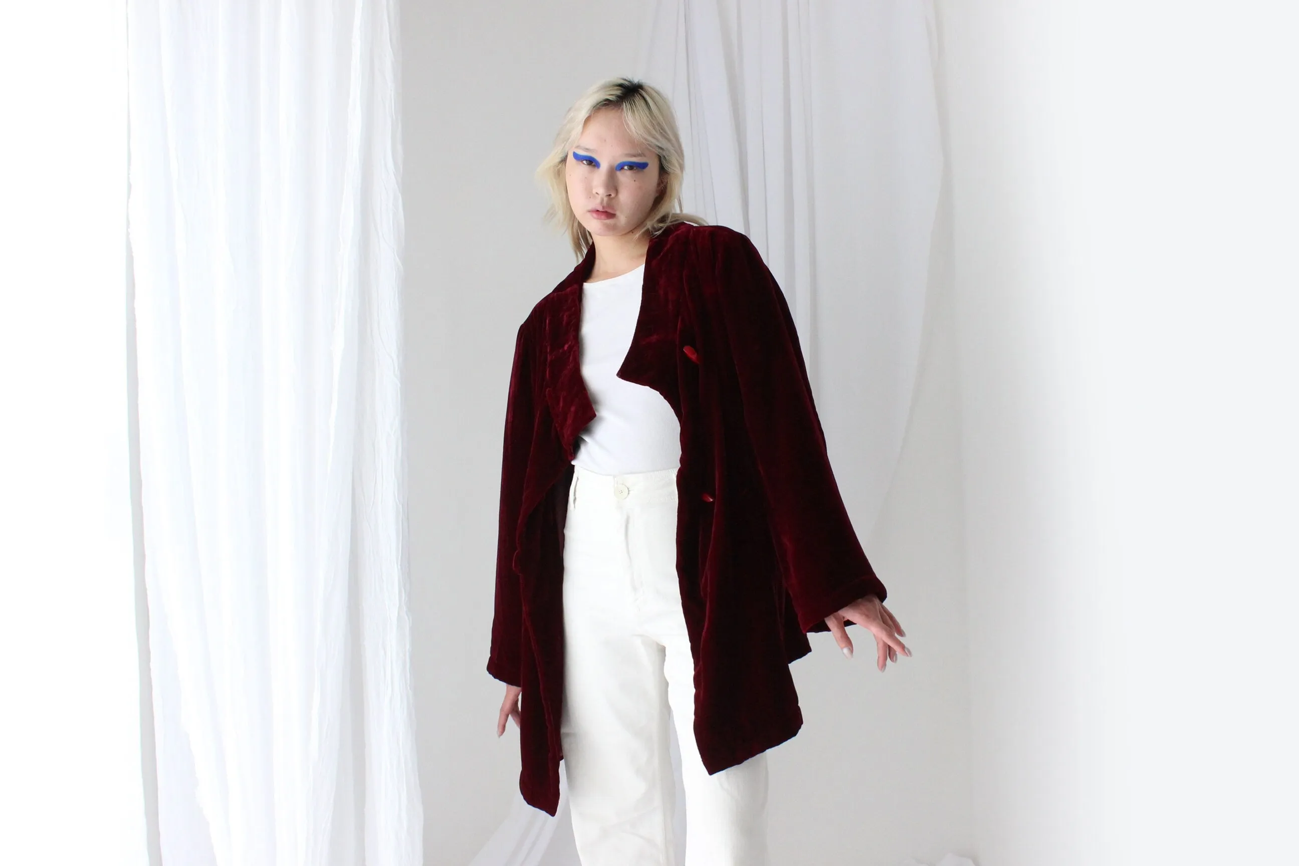 80s PURE SILK VELVET Quilted Kimono Coat in Merlot