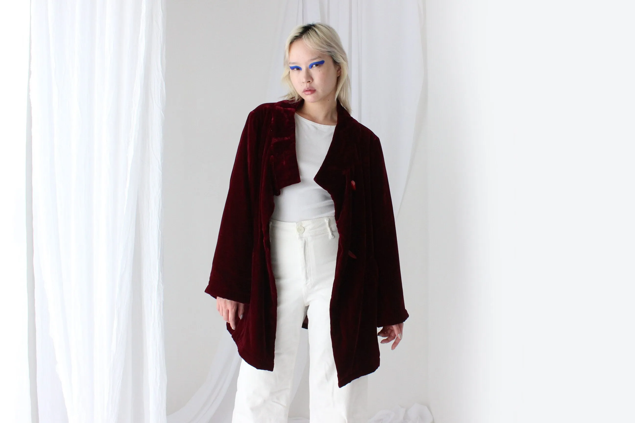 80s PURE SILK VELVET Quilted Kimono Coat in Merlot