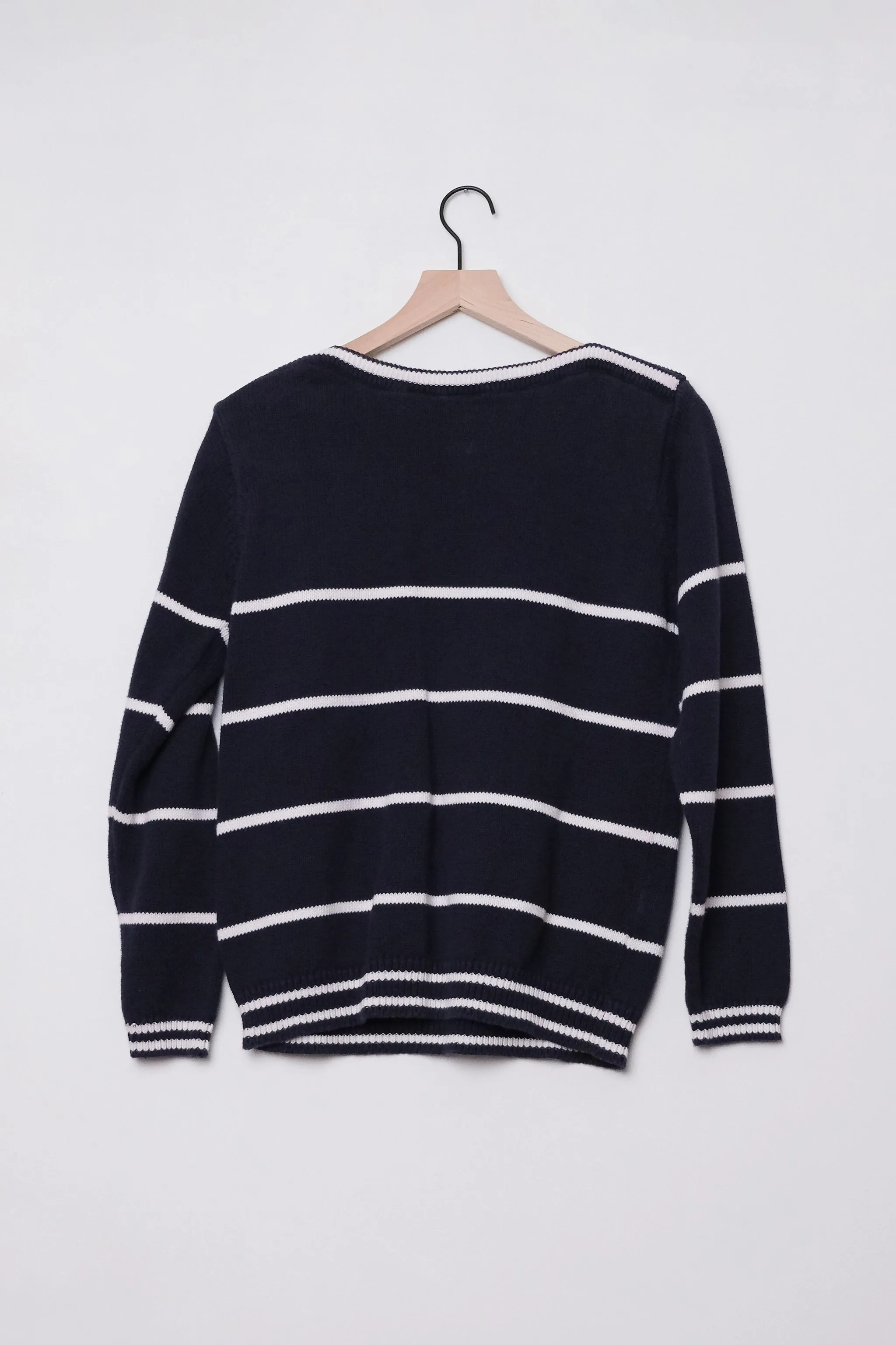 90s Navy Blue Sailor Stripe Boatneck Knit Sweater, US Size 6, Nautical Coastal