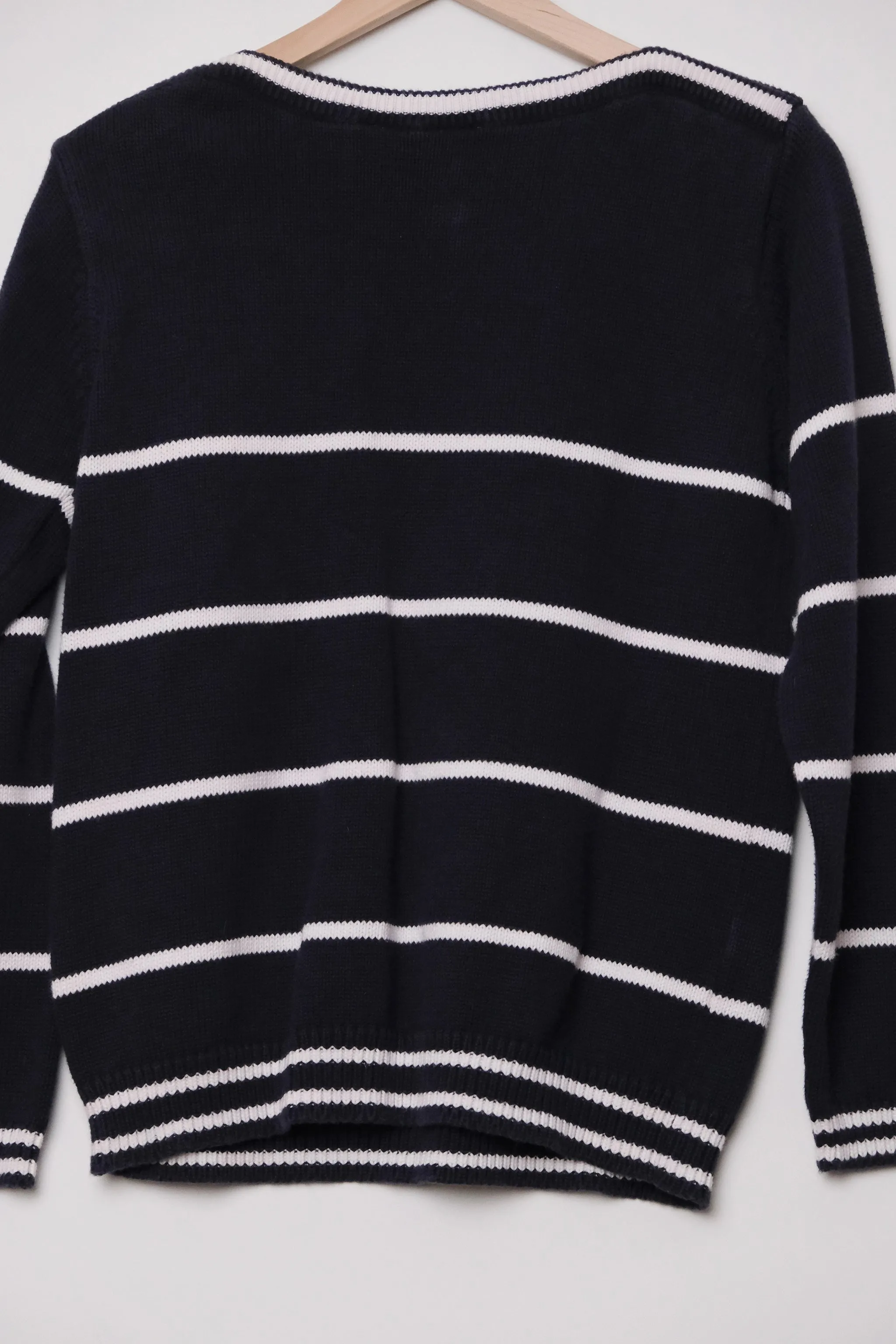 90s Navy Blue Sailor Stripe Boatneck Knit Sweater, US Size 6, Nautical Coastal