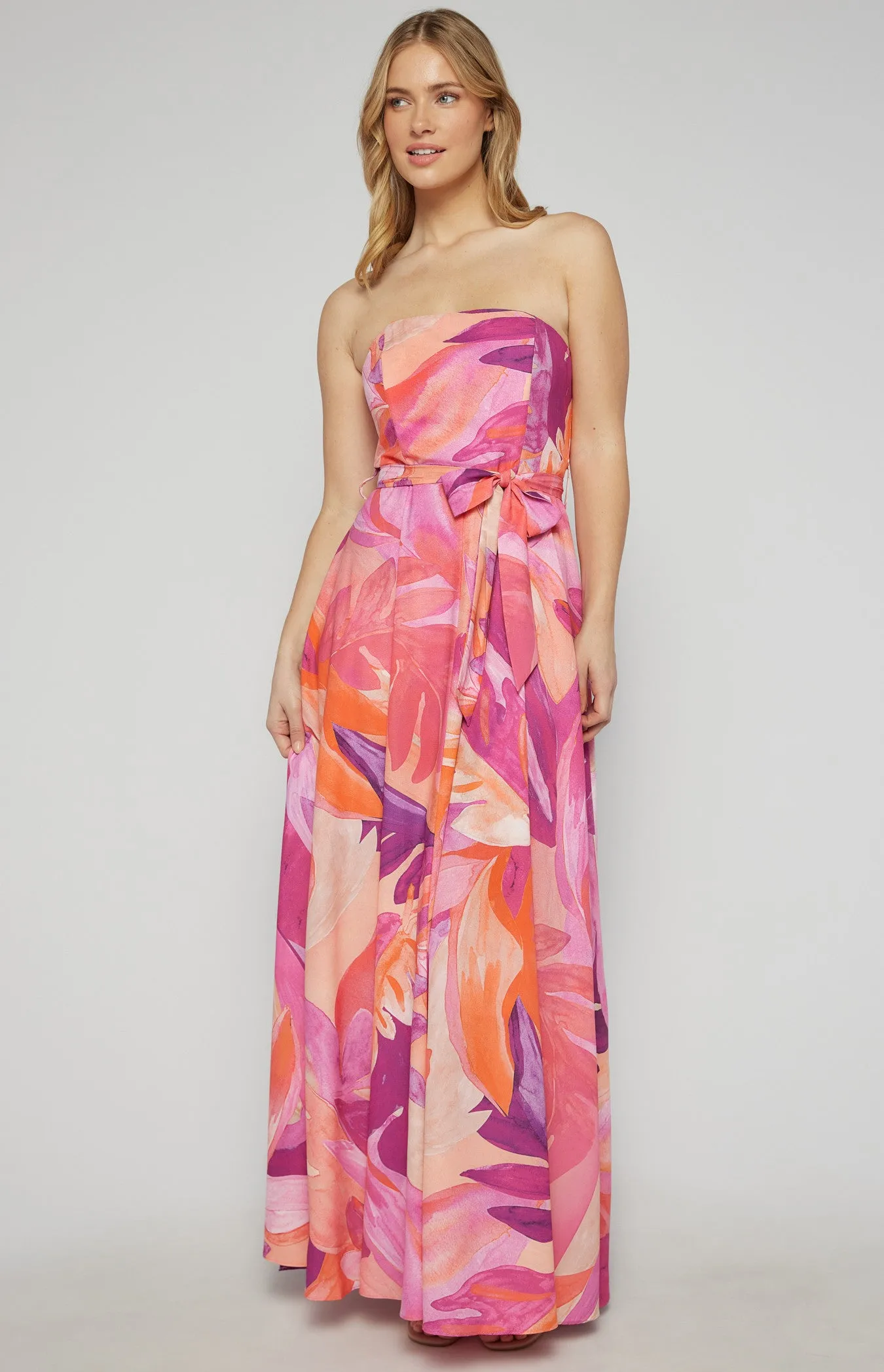 Abstract Print Strapless Maxi Dress- Pink