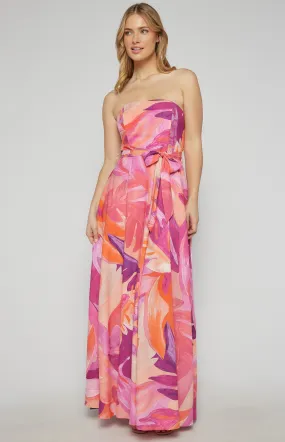 Abstract Print Strapless Maxi Dress- Pink