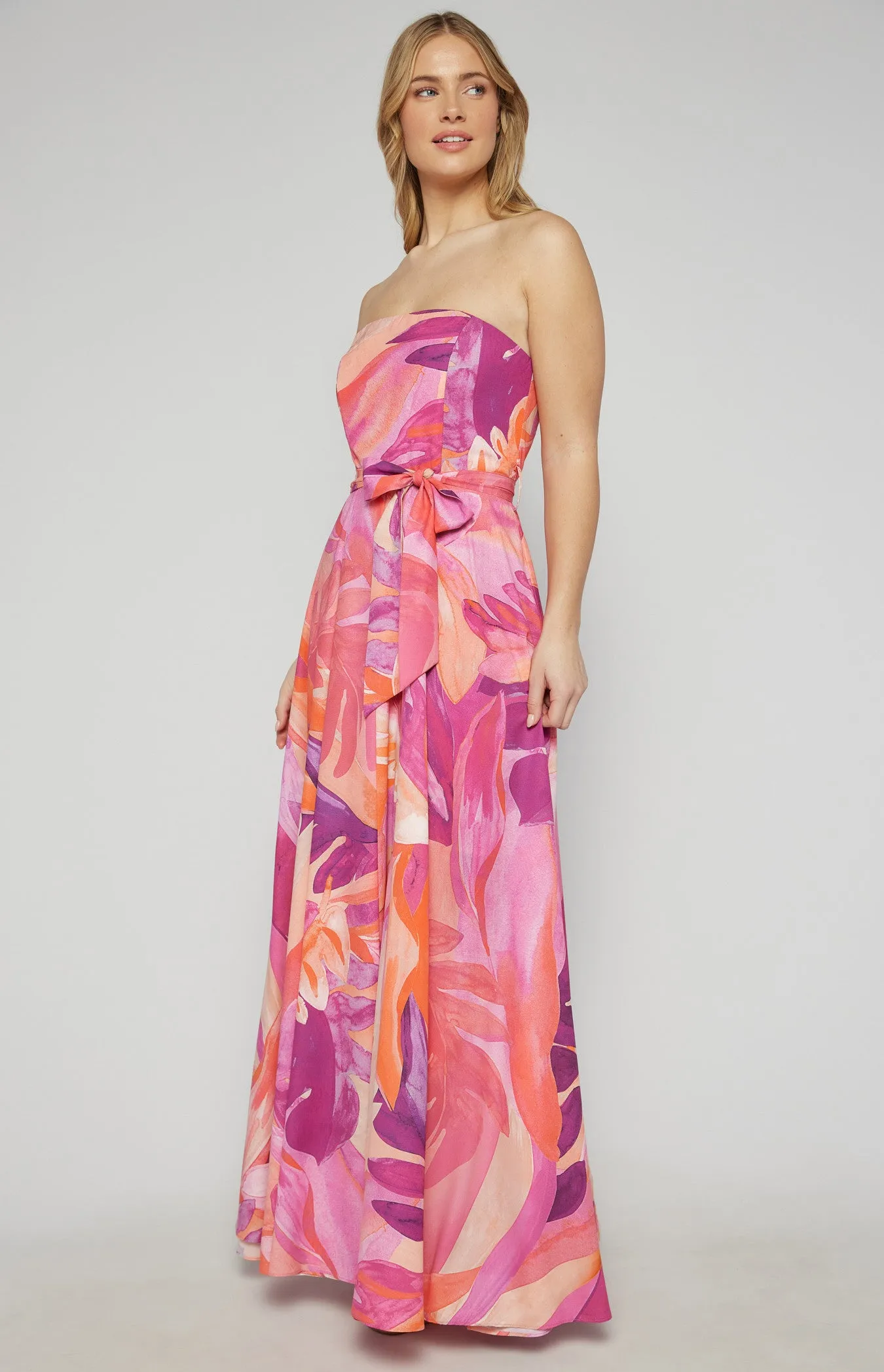 Abstract Print Strapless Maxi Dress- Pink