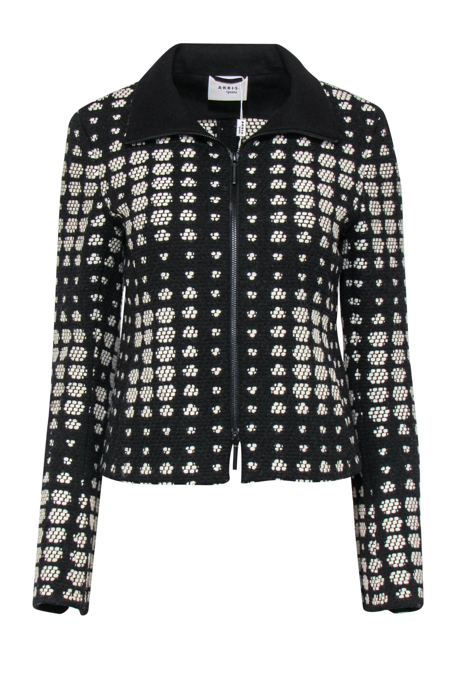 Akris Punto - Black & Cream Dotted Woven Zip-Up Wool Jacket Sz 6