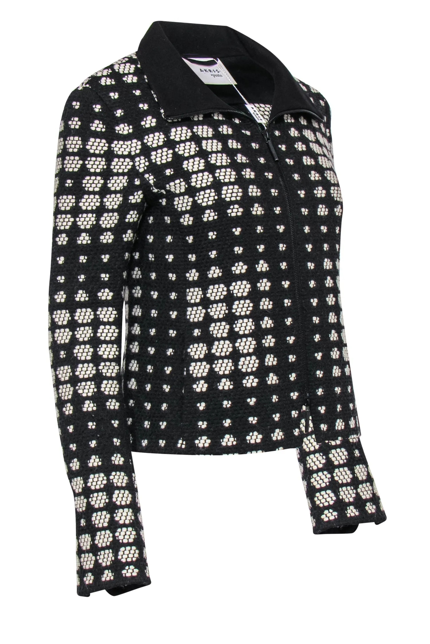 Akris Punto - Black & Cream Dotted Woven Zip-Up Wool Jacket Sz 6