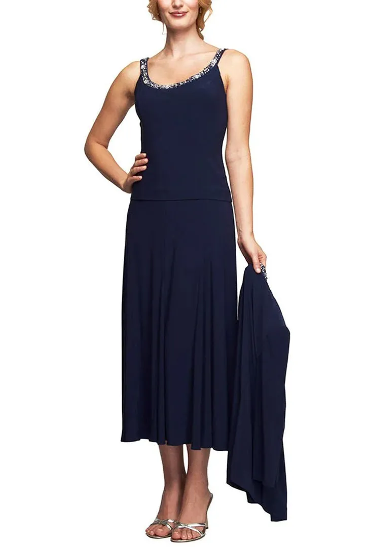 Alex Evenings embellished scoop neck sleeveless popover A-line matte jersey dress with matching 3/4 sleeve jacket