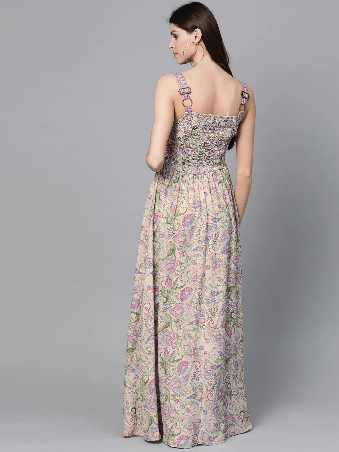 Beige Paisley Strappy Gathered Maxi
