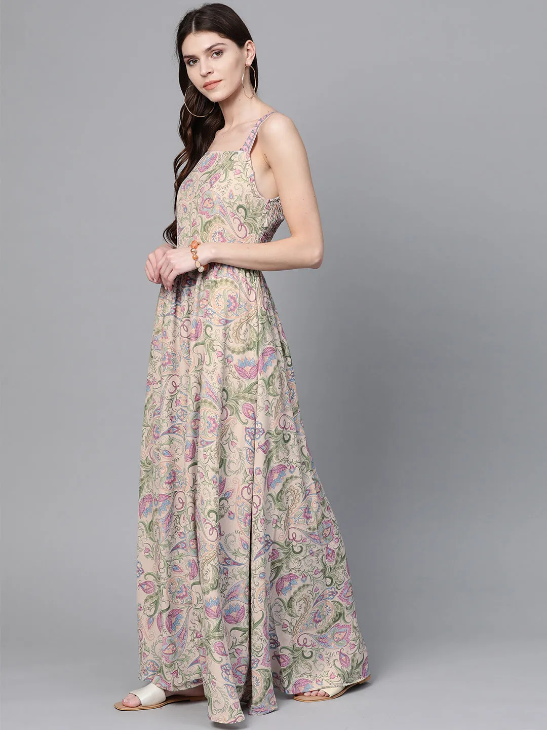 Beige Paisley Strappy Gathered Maxi