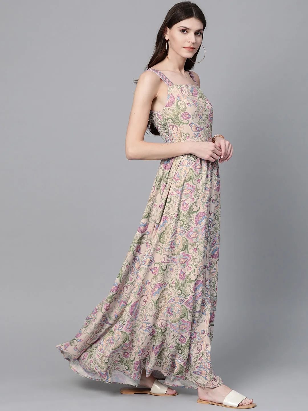 Beige Paisley Strappy Gathered Maxi