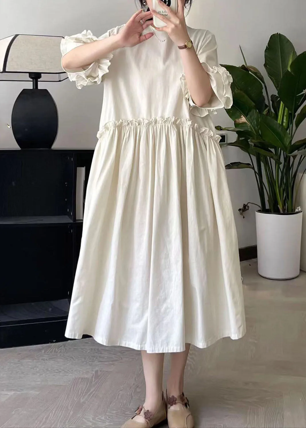 Beige Ruffled Patchwork Maxi Dress Short Sleeve BV032