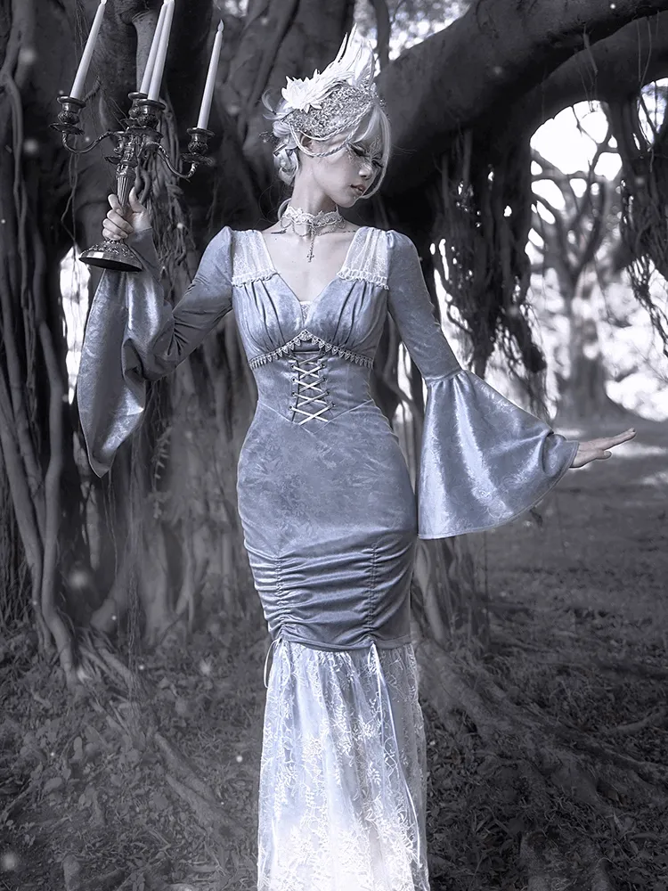 Blood Supply Swan Dream Gray Purple Embroidery European Style White Gothic Lace Princess Winter Fishtail Dress