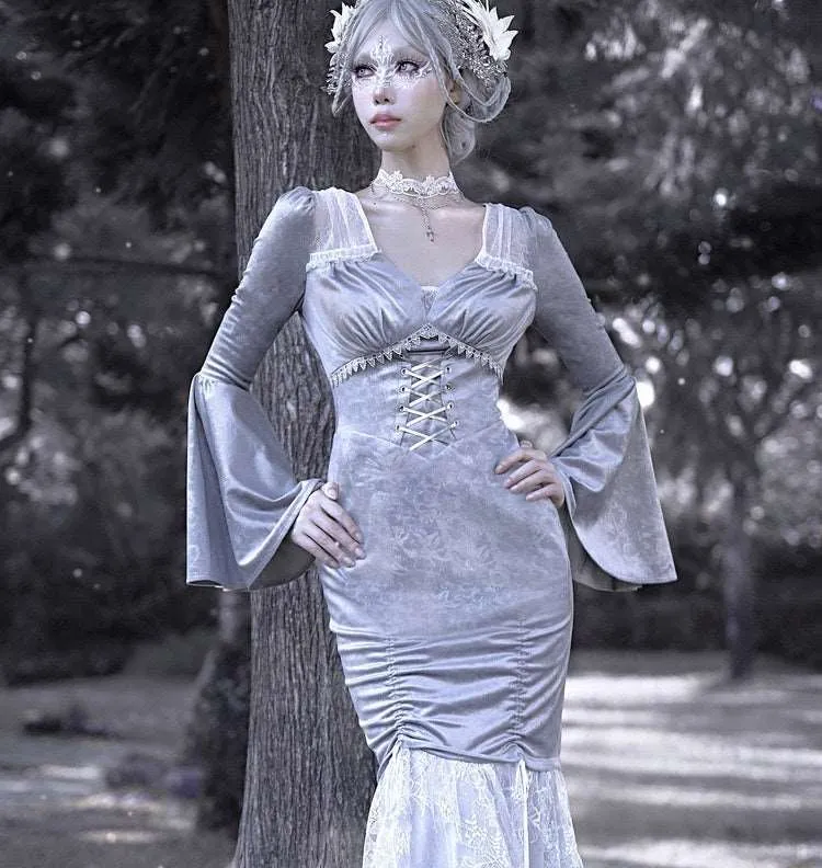 Blood Supply Swan Dream Gray Purple Embroidery European Style White Gothic Lace Princess Winter Fishtail Dress