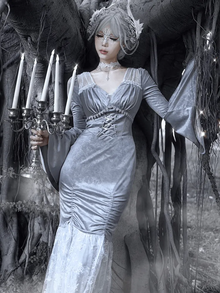 Blood Supply Swan Dream Gray Purple Embroidery European Style White Gothic Lace Princess Winter Fishtail Dress