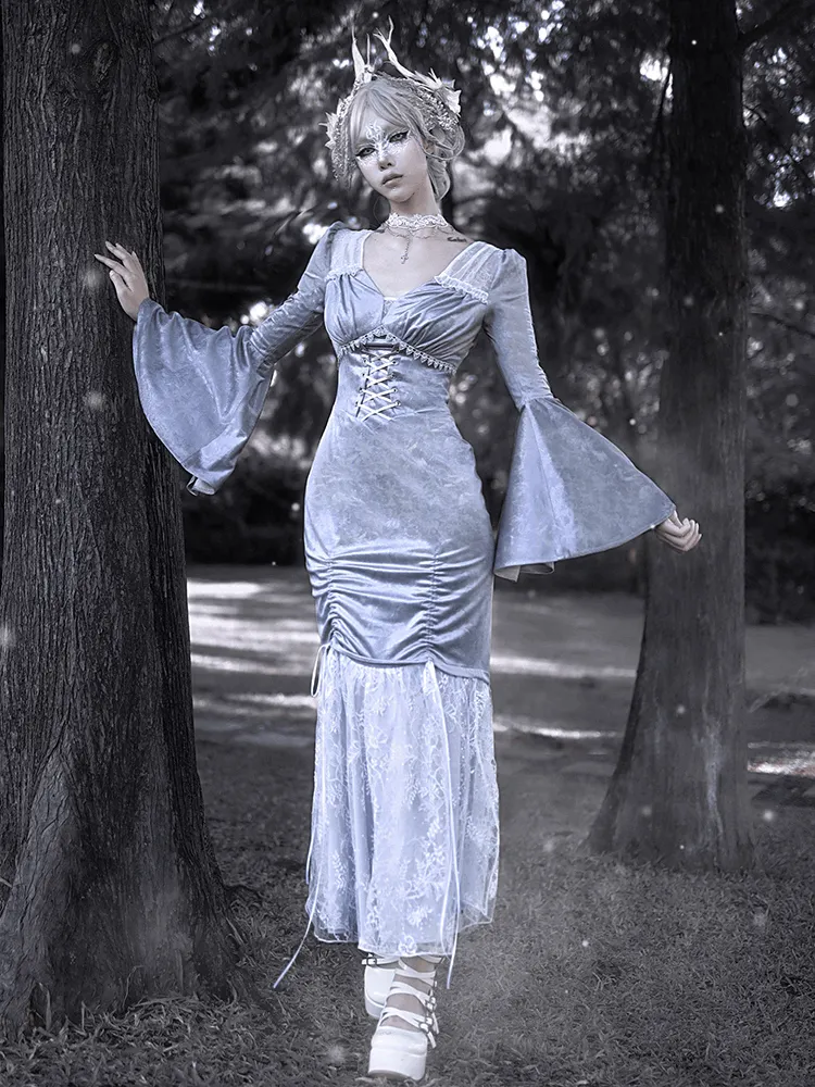 Blood Supply Swan Dream Gray Purple Embroidery European Style White Gothic Lace Princess Winter Fishtail Dress