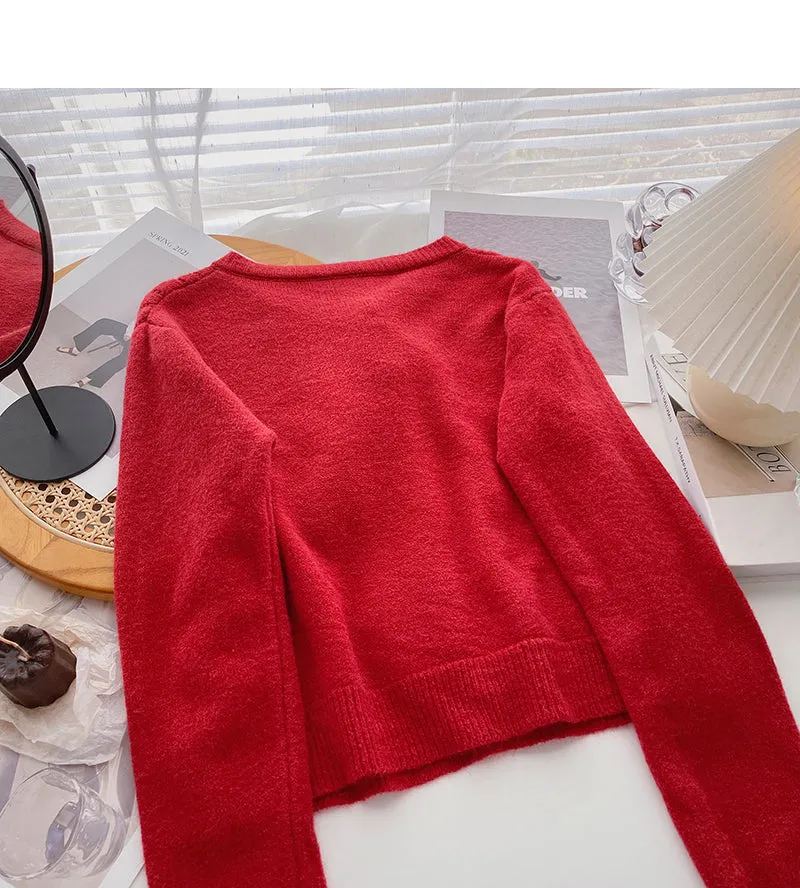 Bow round neck pearl button sweater sweet long sleeve top  6074