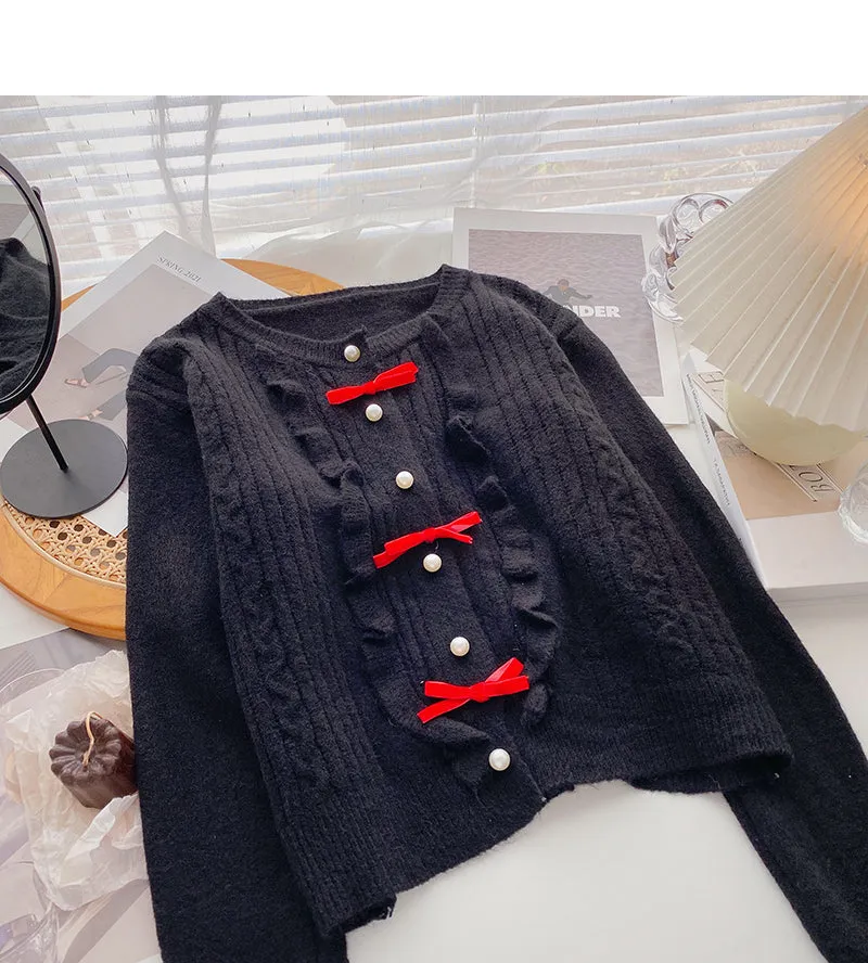 Bow round neck pearl button sweater sweet long sleeve top  6074