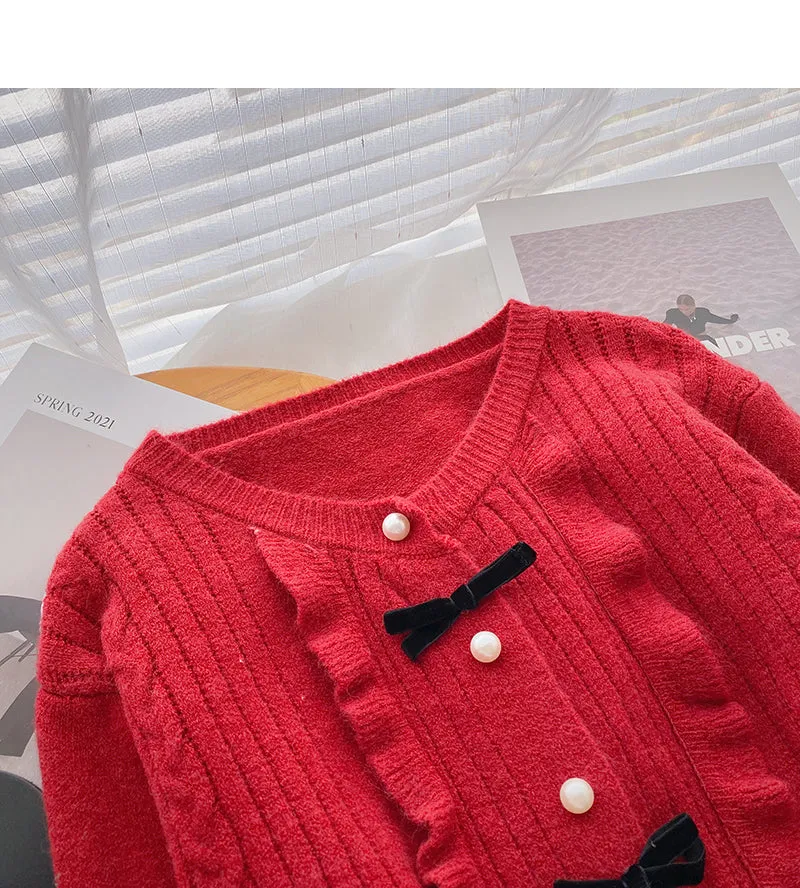 Bow round neck pearl button sweater sweet long sleeve top  6074