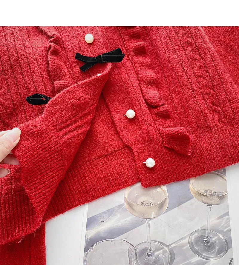 Bow round neck pearl button sweater sweet long sleeve top  6074