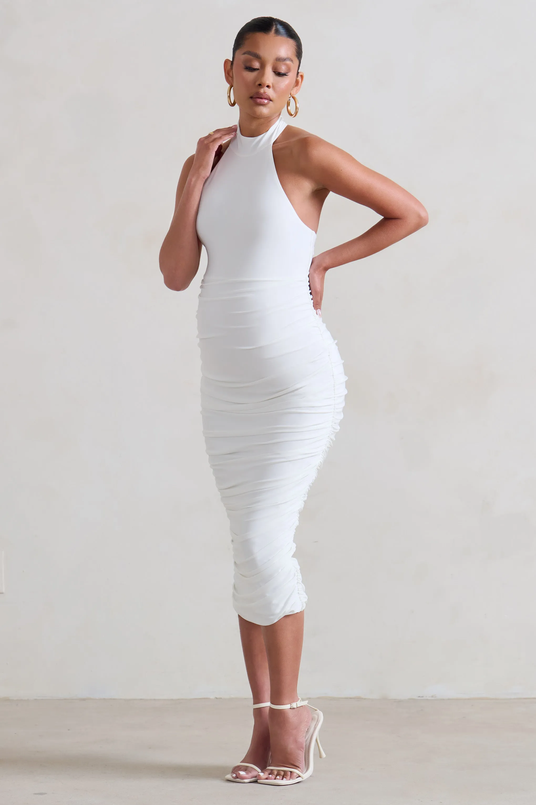 Chrissy | White Maternity Halterneck Ruched Midi Dress