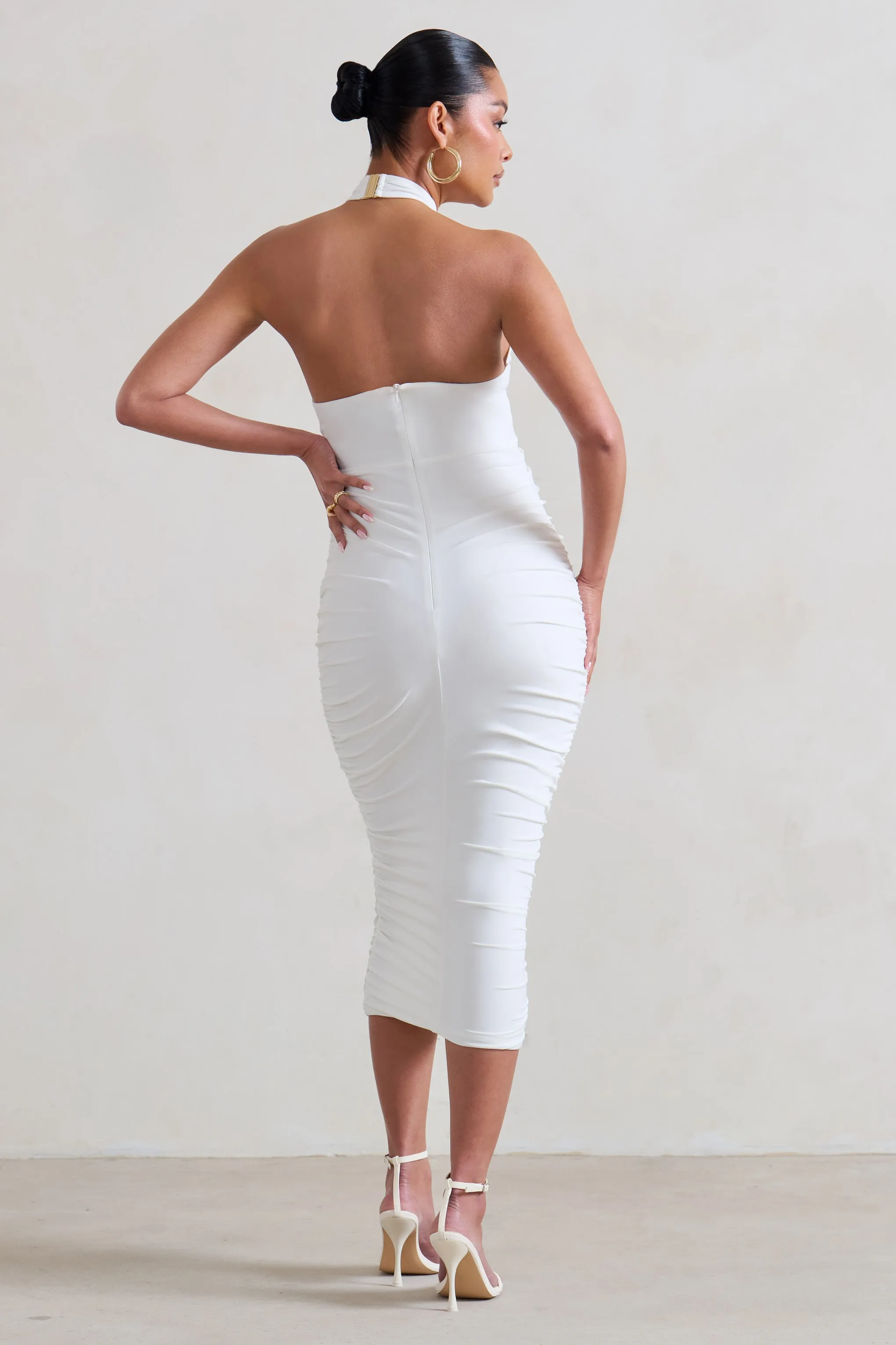 Chrissy | White Maternity Halterneck Ruched Midi Dress