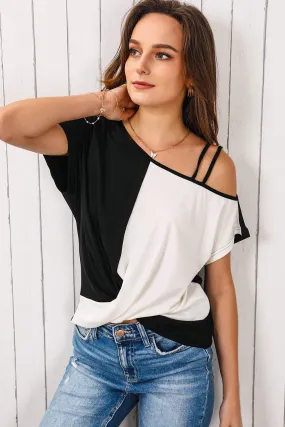 Contrast Twisted Asymmetrical Neck Top Contrast Twisted Asymmetrical Neck Top