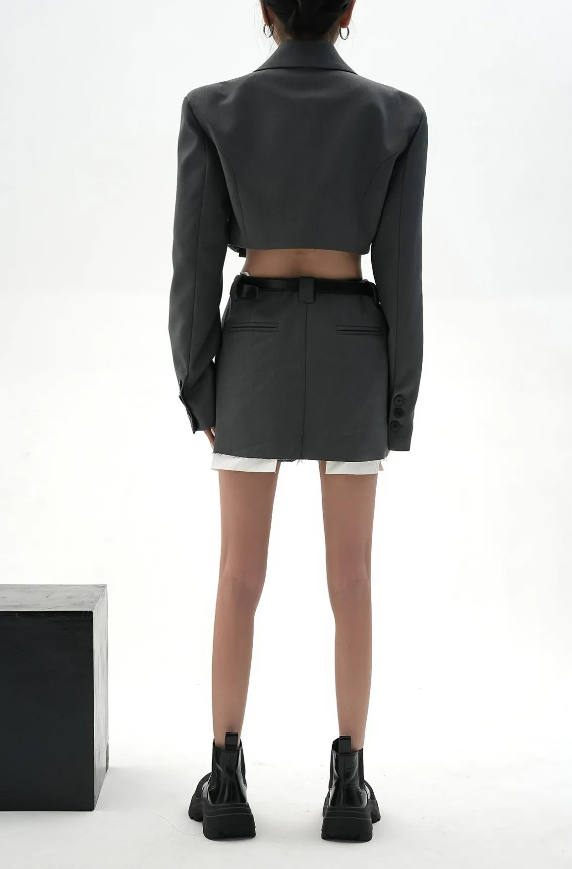 Cropped Blazer with Collar Belt Strap and Pleated Mini Skirt Two-Piece Set