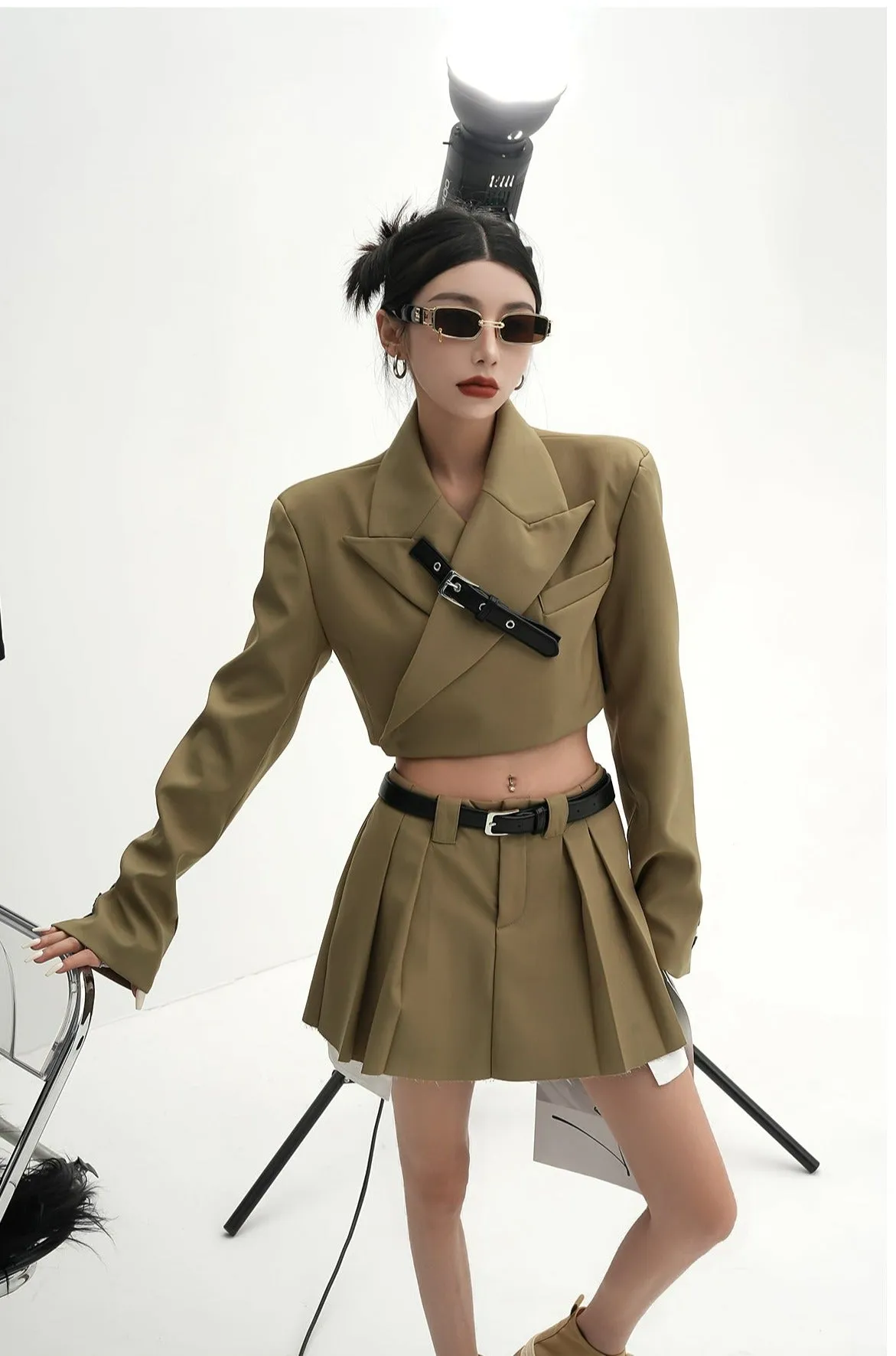 Cropped Blazer with Collar Belt Strap and Pleated Mini Skirt Two-Piece Set