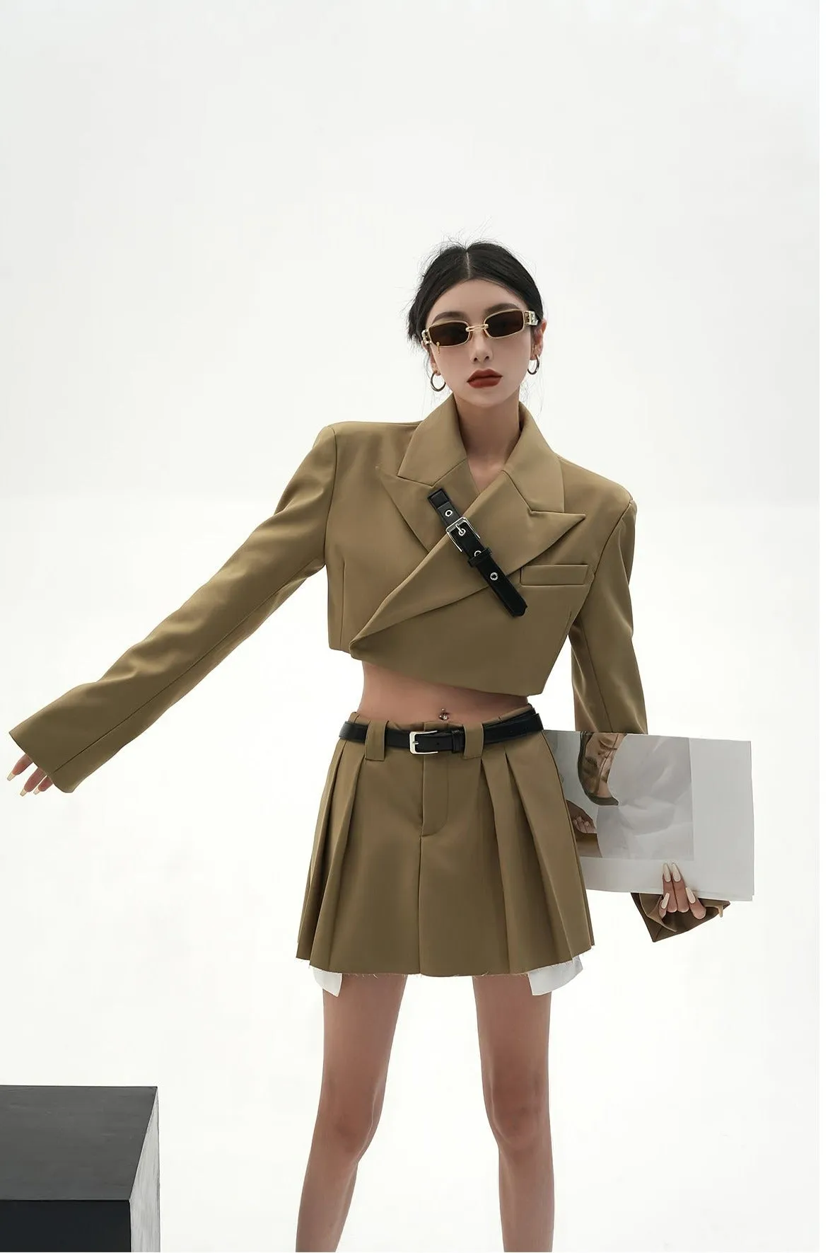 Cropped Blazer with Collar Belt Strap and Pleated Mini Skirt Two-Piece Set