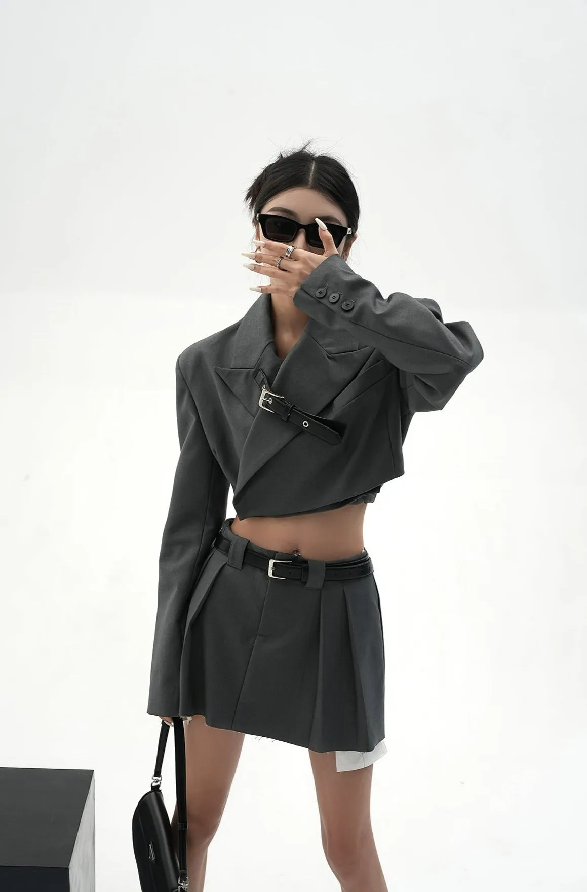 Cropped Blazer with Collar Belt Strap and Pleated Mini Skirt Two-Piece Set