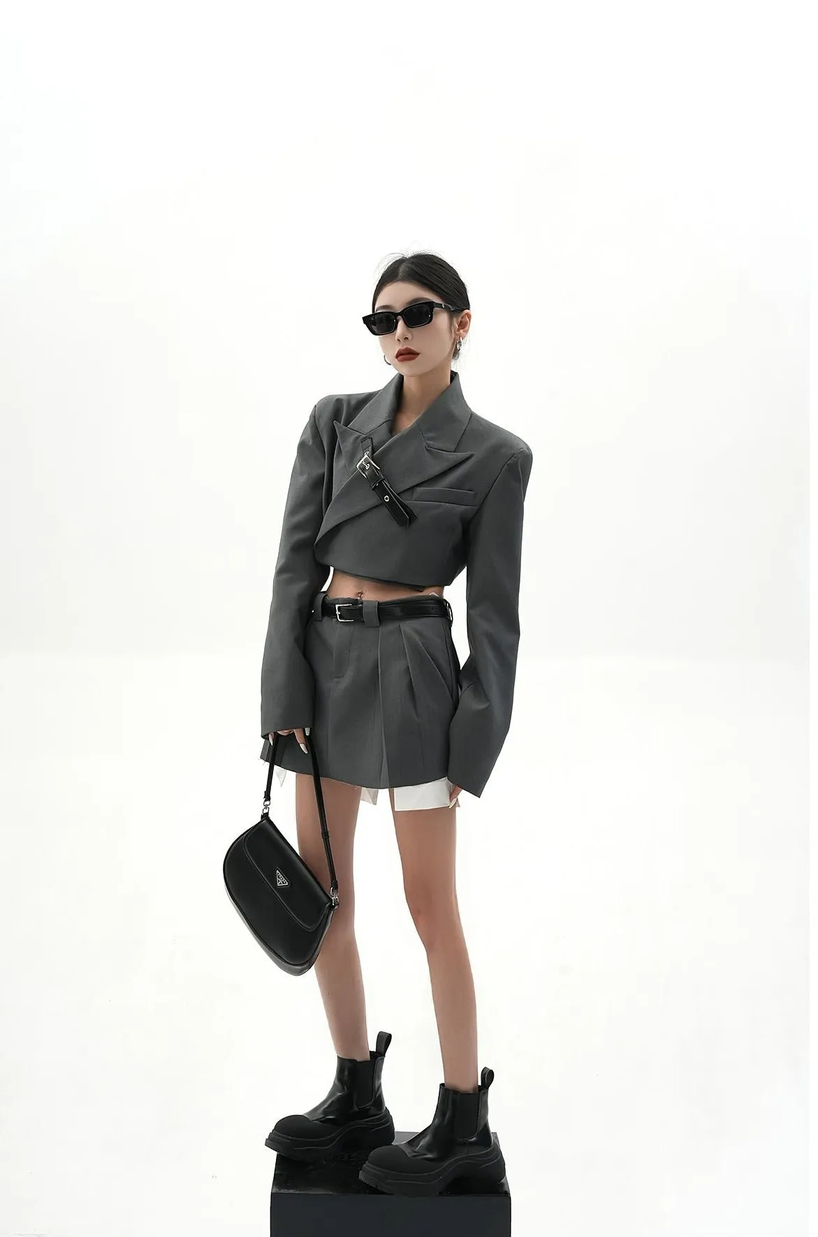 Cropped Blazer with Collar Belt Strap and Pleated Mini Skirt Two-Piece Set