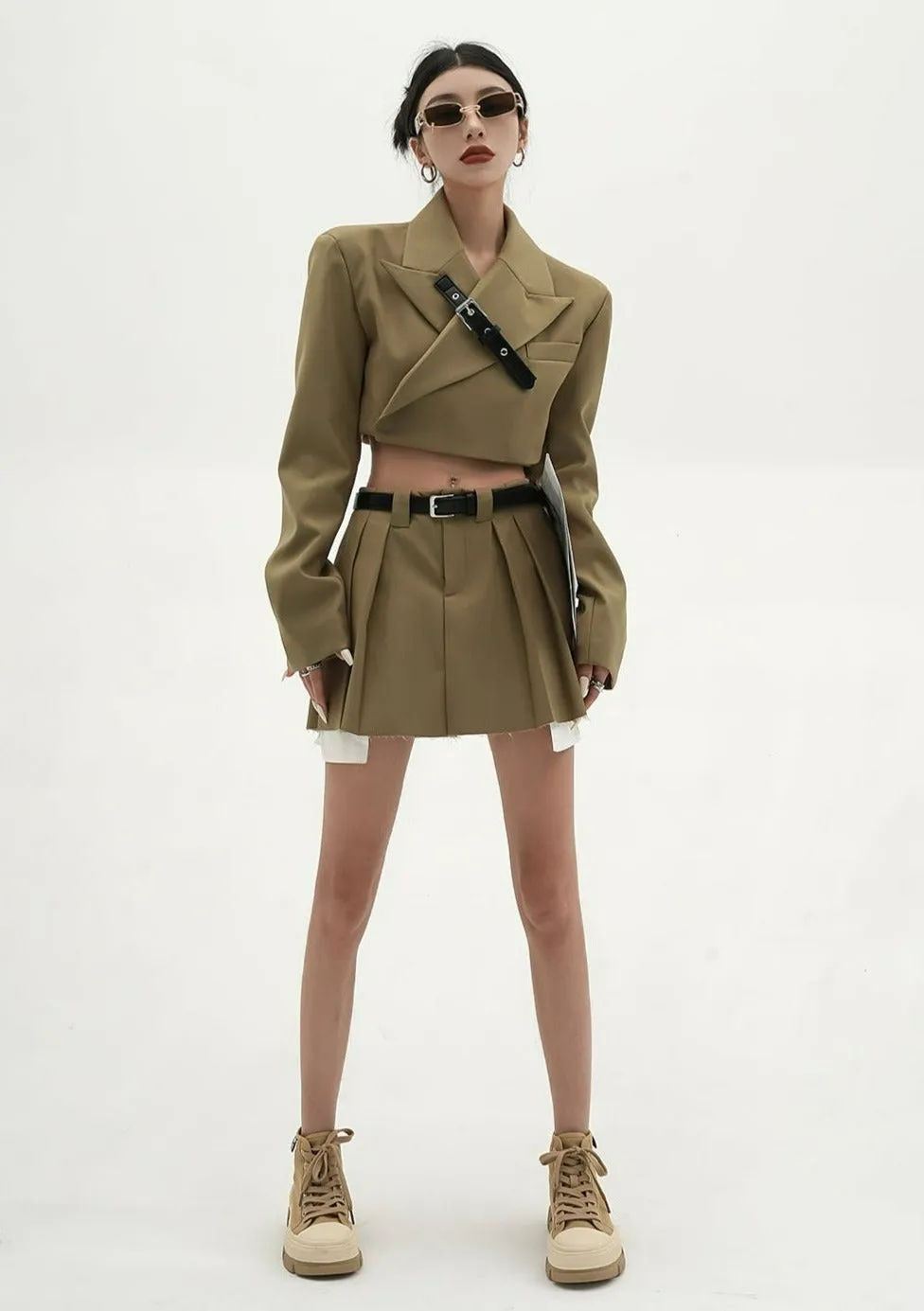 Cropped Blazer with Collar Belt Strap and Pleated Mini Skirt Two-Piece Set