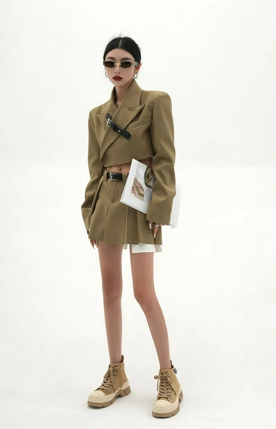 Cropped Blazer with Collar Belt Strap and Pleated Mini Skirt Two-Piece Set