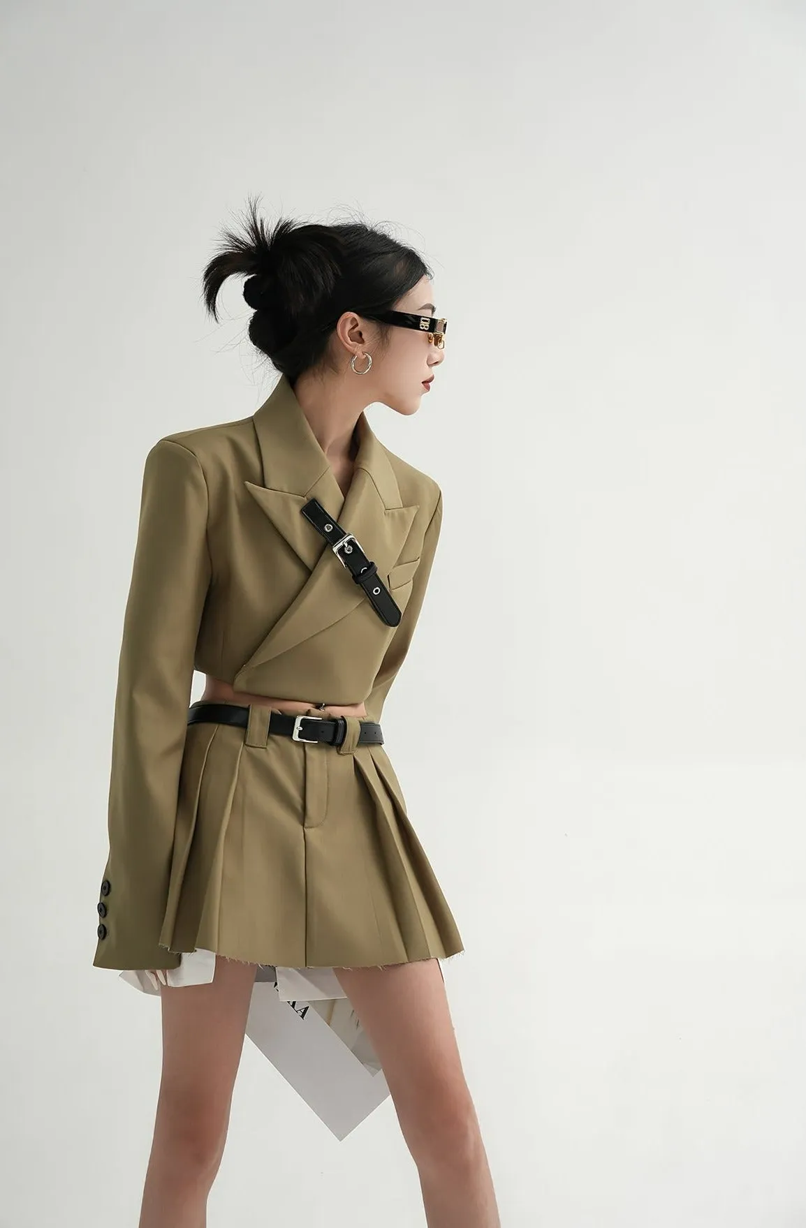Cropped Blazer with Collar Belt Strap and Pleated Mini Skirt Two-Piece Set