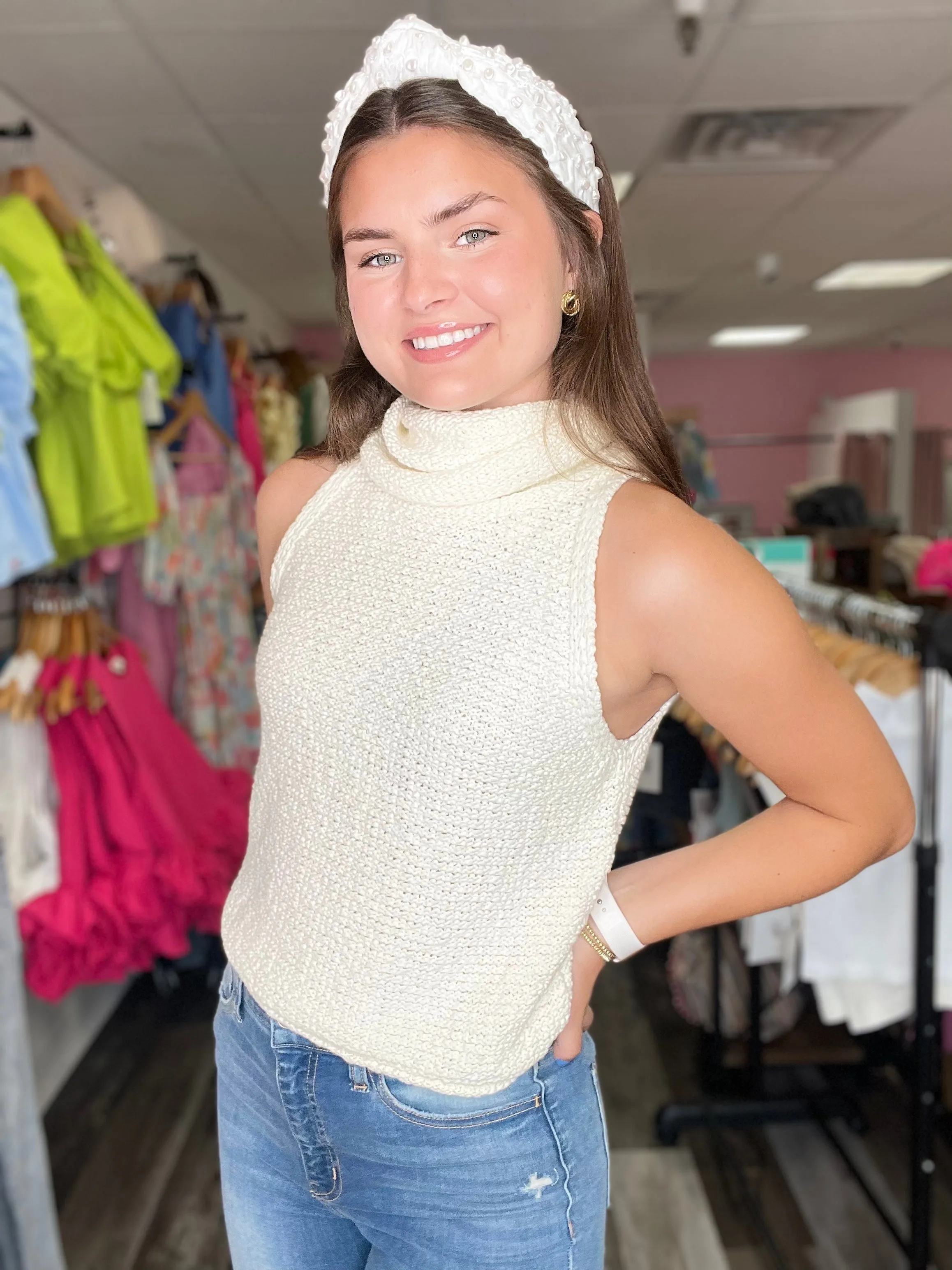 Don't Go Back Ivory Turtle Neck Tank