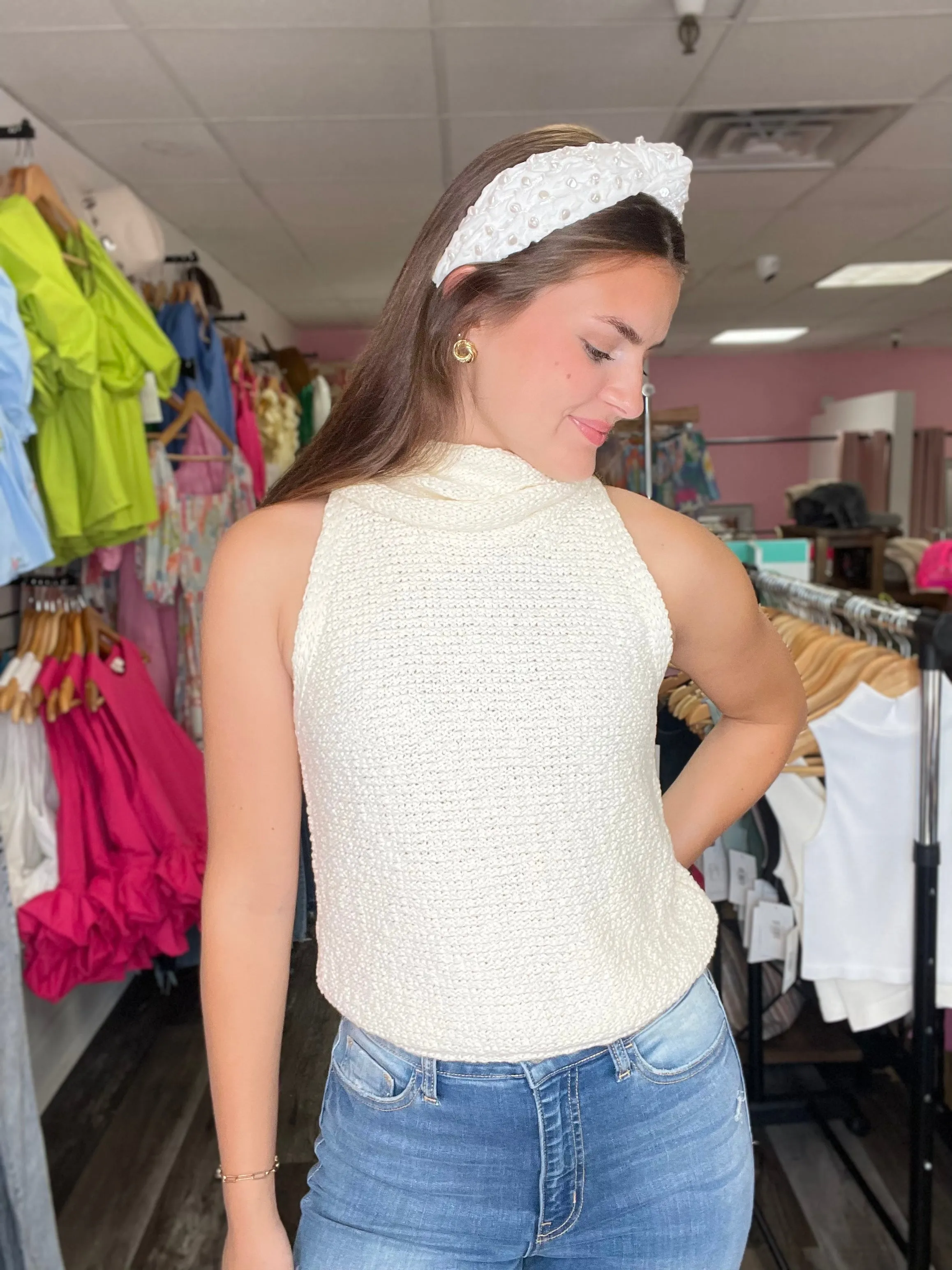Don't Go Back Ivory Turtle Neck Tank