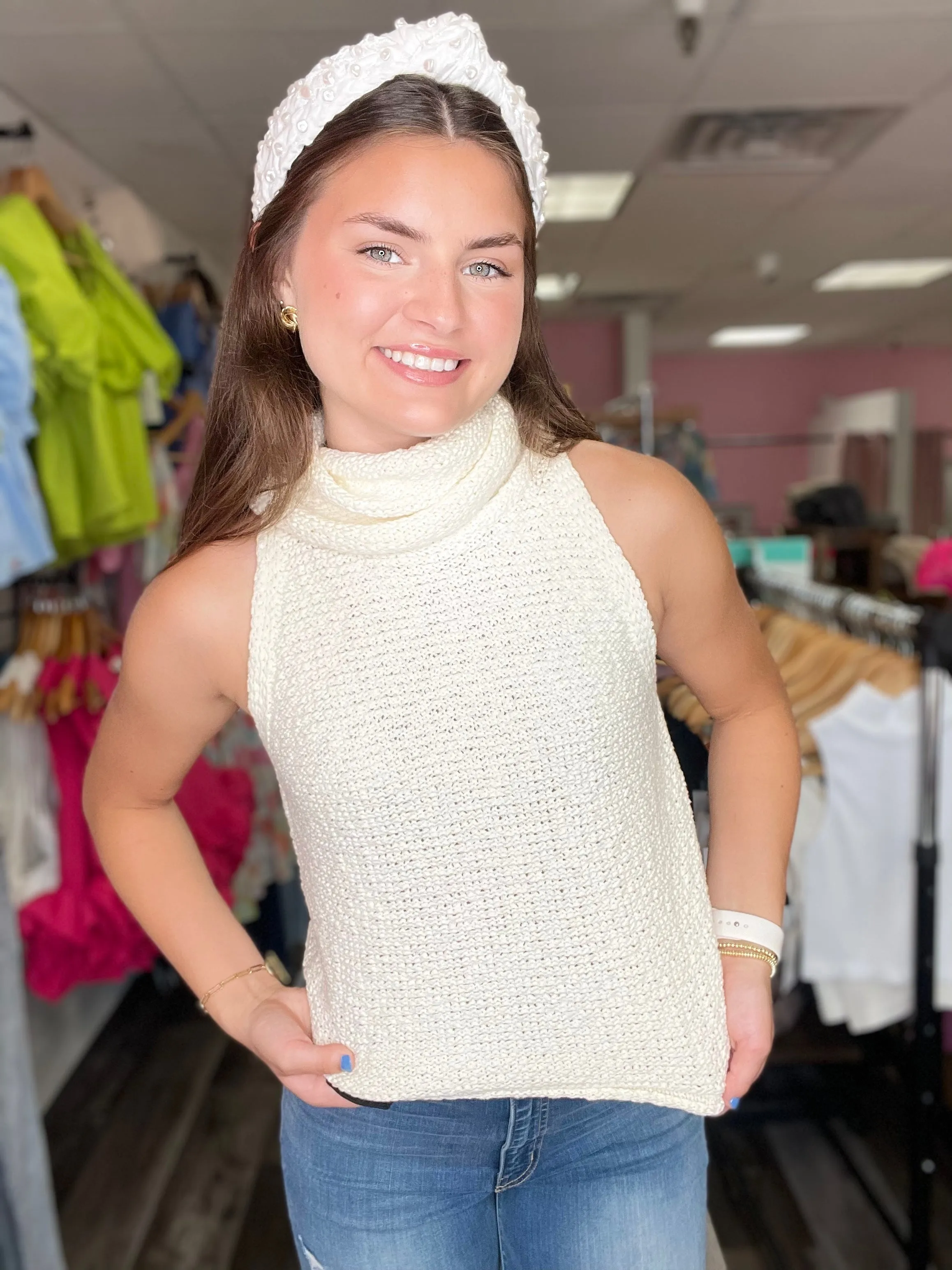 Don't Go Back Ivory Turtle Neck Tank