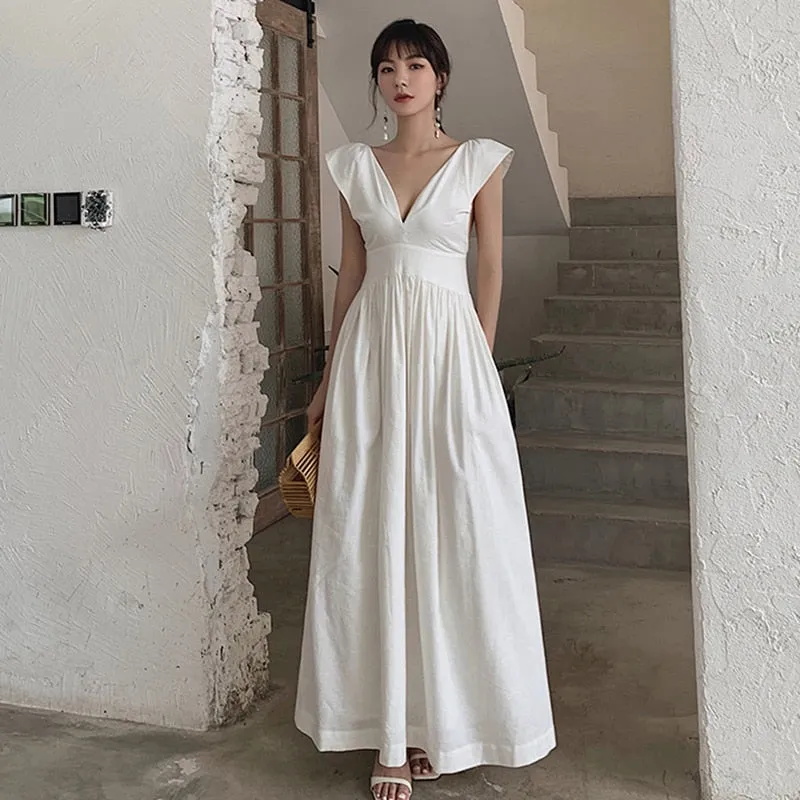 Elegant Summer Dress Women V Neck Sleeveless Tank High Waist Tunic Casual Maxi Dresses Female Fashion Clothes