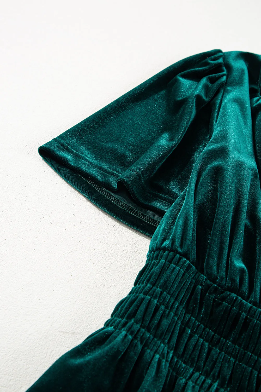 Evergreen Velvet Puff Short Sleeve Smocked Waist Tiered Maxi Dress