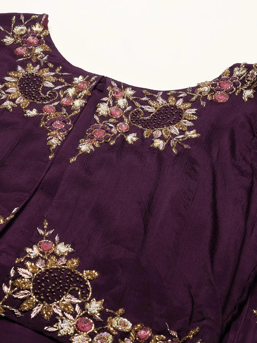 Floral Hand Embroidered Flared Maxi Dress - Deep Wine