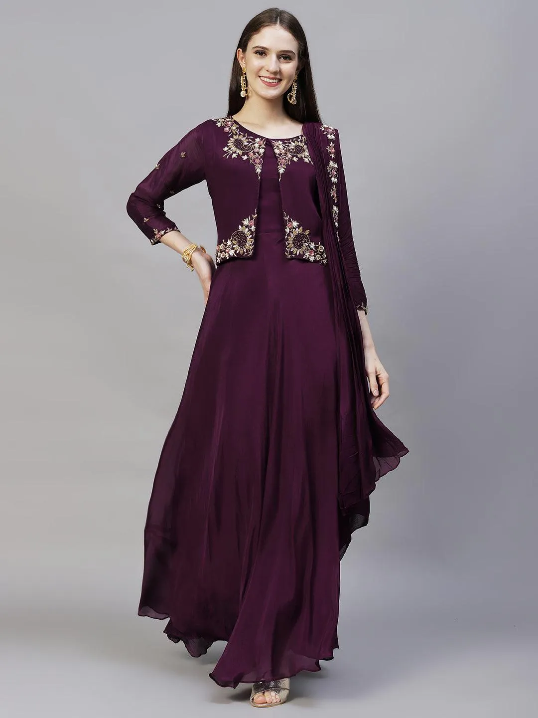 Floral Hand Embroidered Flared Maxi Dress - Deep Wine