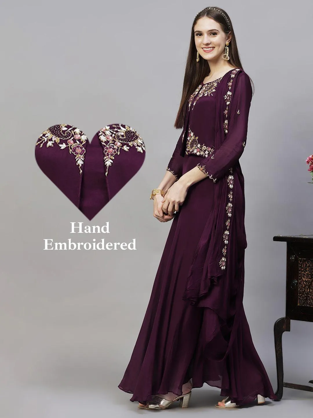 Floral Hand Embroidered Flared Maxi Dress - Deep Wine