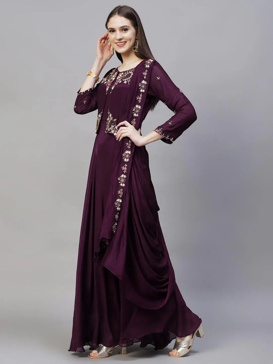 Floral Hand Embroidered Flared Maxi Dress - Deep Wine