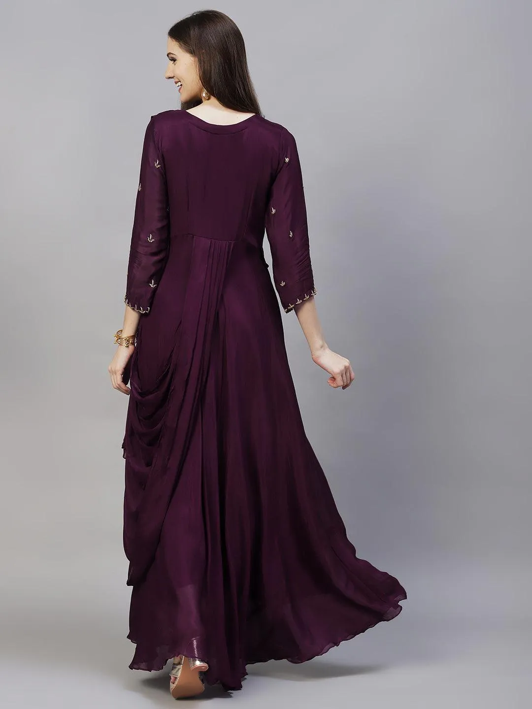 Floral Hand Embroidered Flared Maxi Dress - Deep Wine