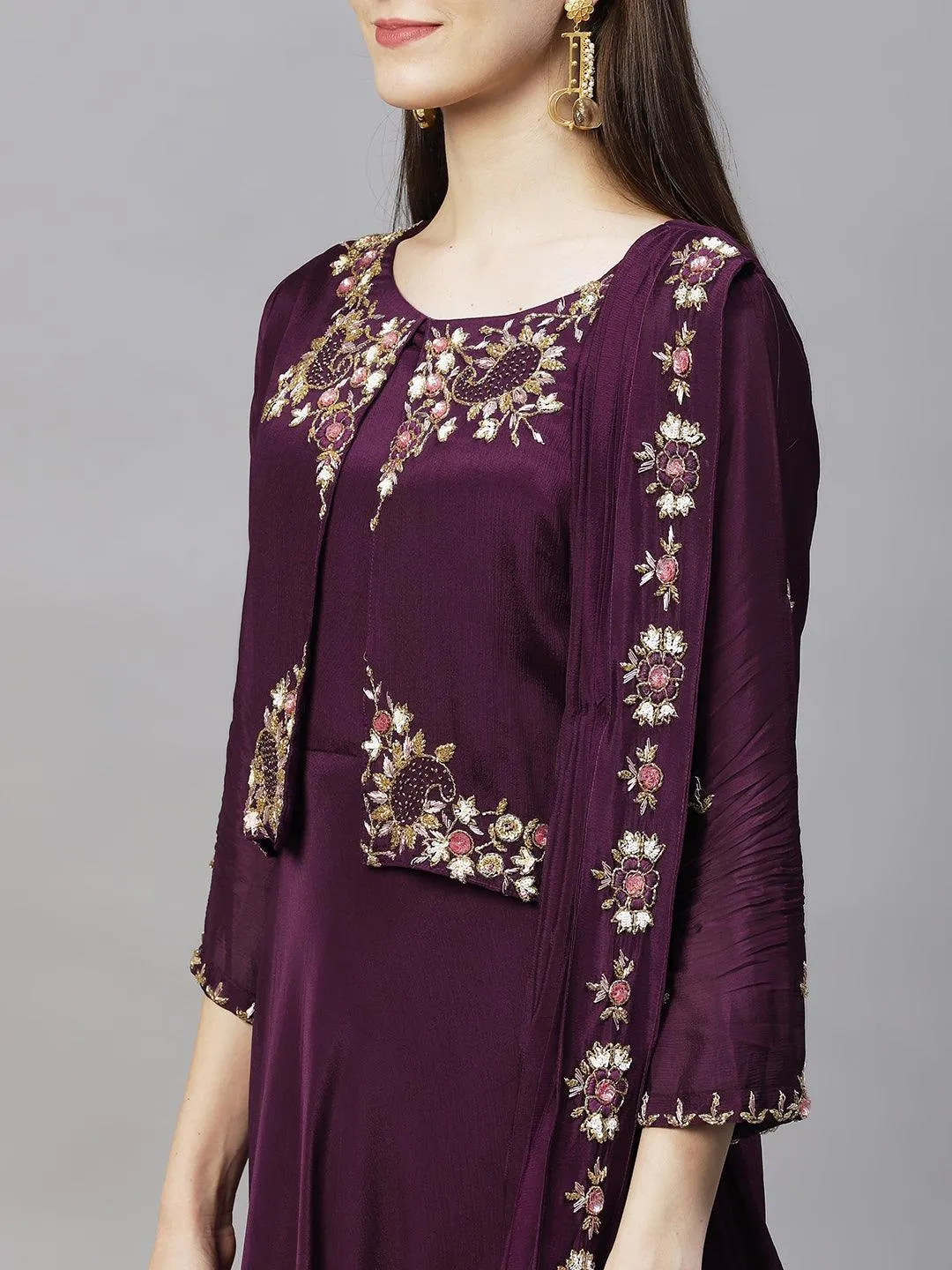 Floral Hand Embroidered Flared Maxi Dress - Deep Wine