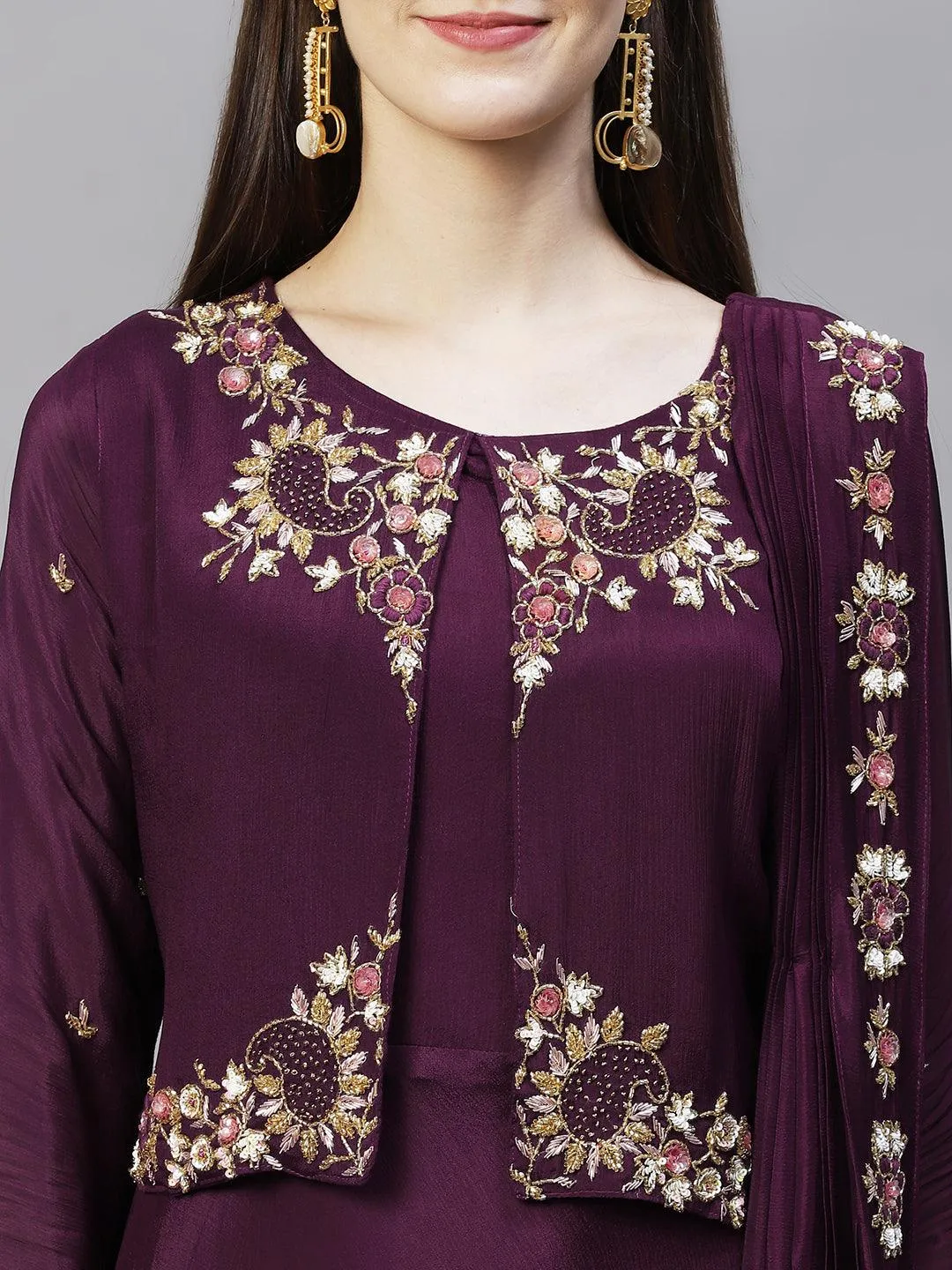 Floral Hand Embroidered Flared Maxi Dress - Deep Wine