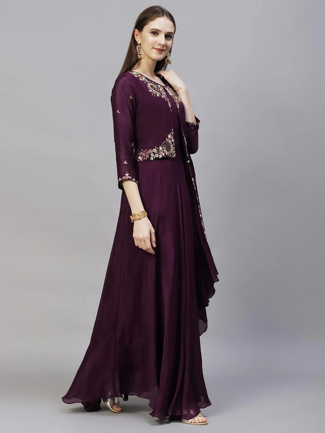 Floral Hand Embroidered Flared Maxi Dress - Deep Wine